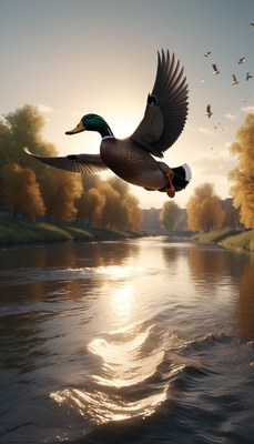 Duck flying over river at sunset