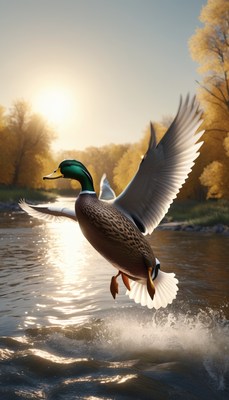 Mallard duck taking flight over river