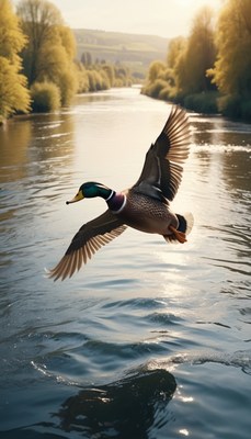 Duck flying over river