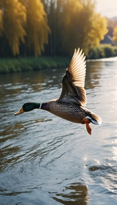 Duck flying over river
