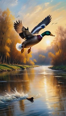 Duck flying over river at sunset
