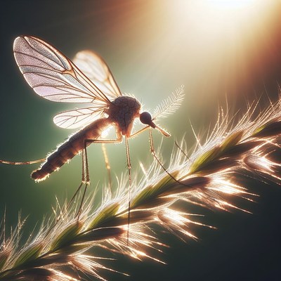 Mosquito on grass blade at sunset