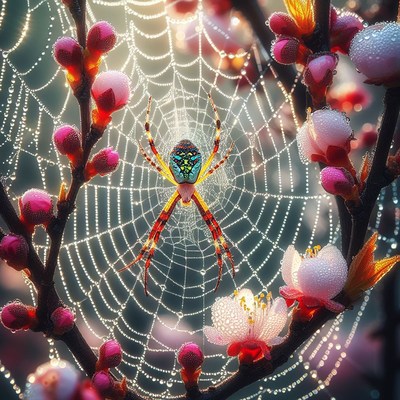 Spiderweb with dew drops and blossoms