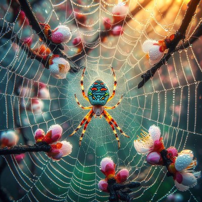 Spider web with dewy flowers