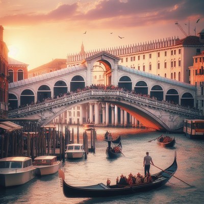 Gondola under rialto bridge at sunset