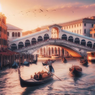 Gondola ride under rialto bridge at sunset