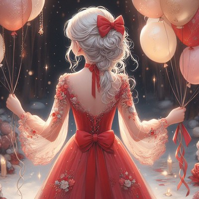 Girl in red dress with balloons