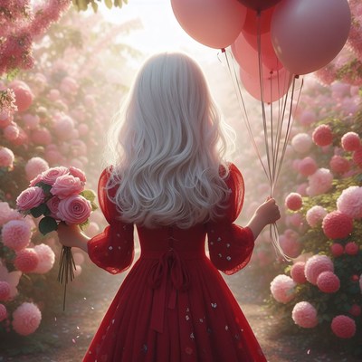 Woman in red dress with balloons and flowers