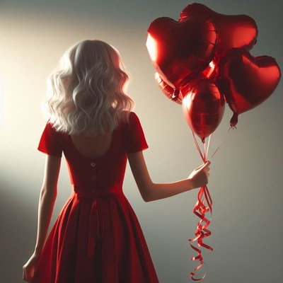 Woman in red dress holding heart balloons