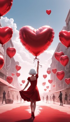 Woman walking through city with heart balloons