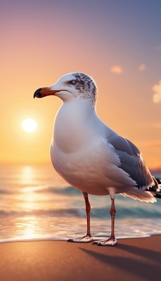 Seagull on beach at sunset