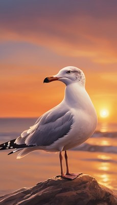 Seagull on rock at sunset