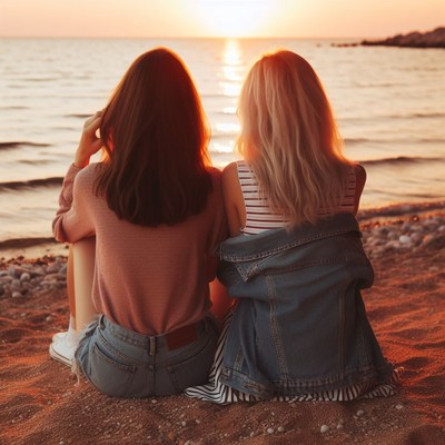 Two women sit on beach at sunset