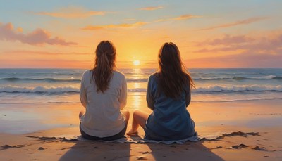 Two women watch sunset on beach