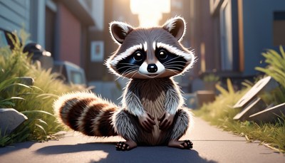 Raccoon sitting on sidewalk