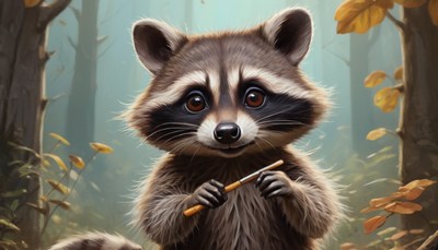 Raccoon holding stick in forest