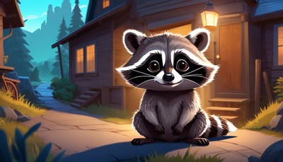 Raccoon sitting outside cottage