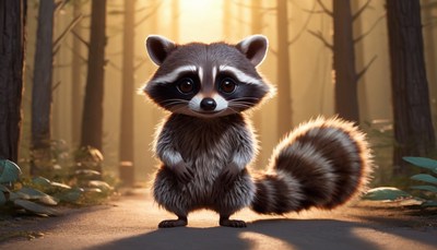 Raccoon standing in forest path