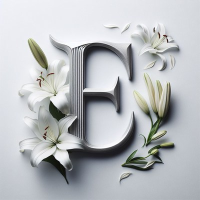 White lilies surrounding letter e