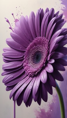Purple gerbera daisy in paint splatter
