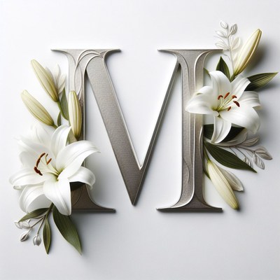 Silver letter m with white lilies