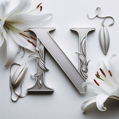 Silver letter n with lily flowers