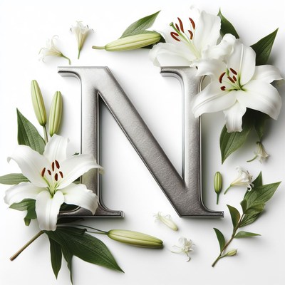 Silver letter n surrounded by lilies
