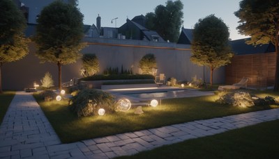 Nighttime garden with pool and stone path