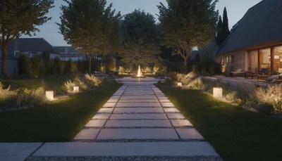 Illuminated pathway in evening garden