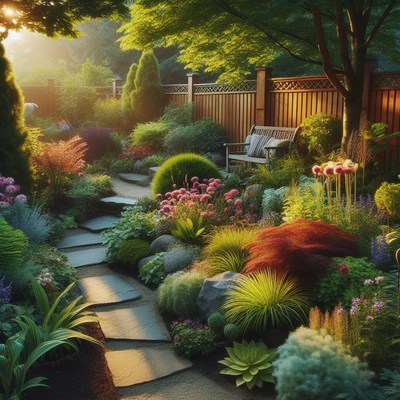 Stone path through lush garden