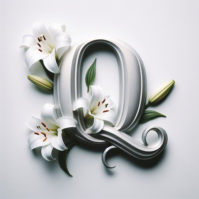 Silver letter q with white lilies