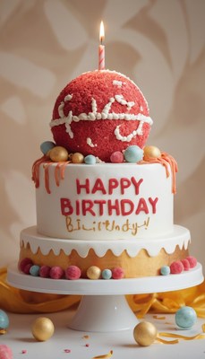 Two-tier birthday cake with red sphere and candle