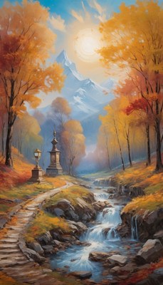 Autumn stream and mountain view