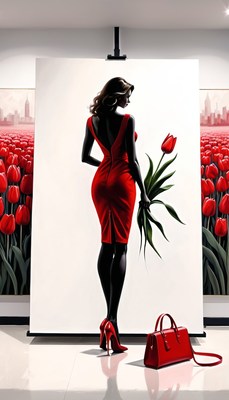 Woman in red dress holding tulip
