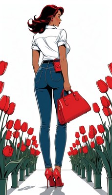 Woman walking through tulip garden