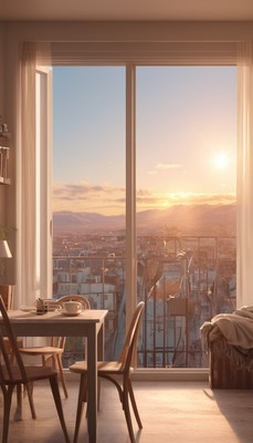 City sunset view from apartment