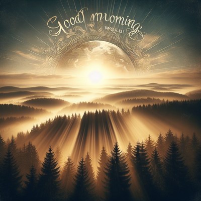 Sunrise over forest with sunbeams