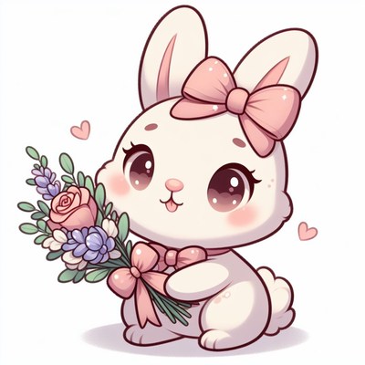 Cute bunny holding flowers
