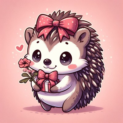 Cute hedgehog with gift and flower