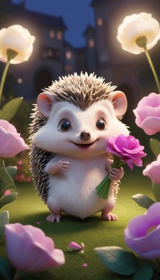 Hedgehog holding flowers at night