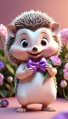 Smiling hedgehog holding flower