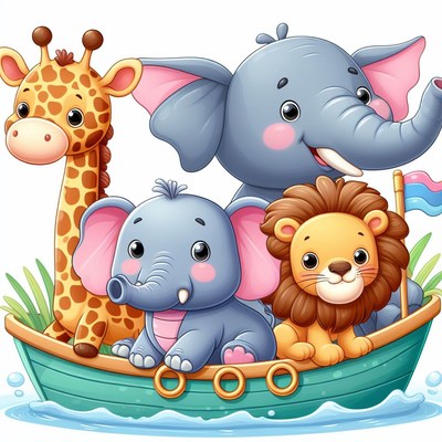 Giraffe, elephant, and lion boat ride