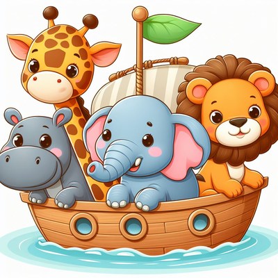 Cartoon animals sailing on a boat