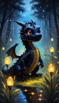 Black dragon in enchanted forest