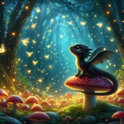 Baby dragon watching fireflies