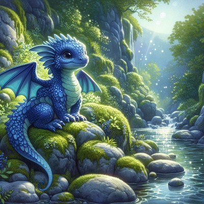 Blue dragon sitting by stream