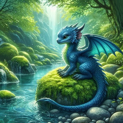 Blue dragon by waterfall