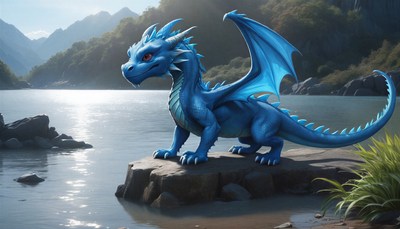 Blue dragon on rock by lake