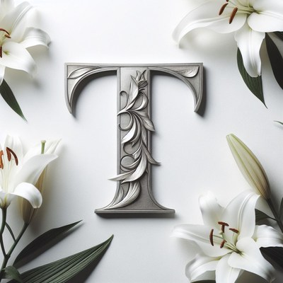 Ornate letter t with lilies