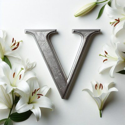 Silver letter v surrounded by lilies